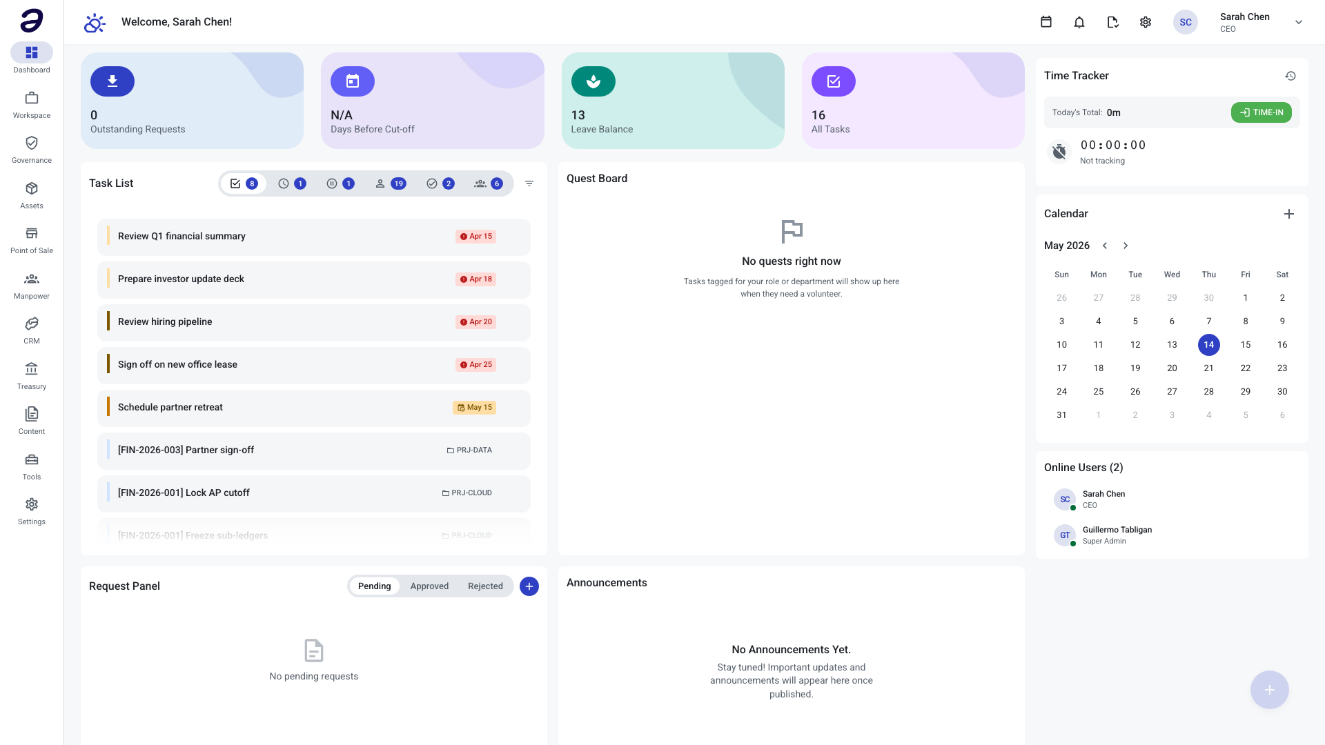 ANTE dashboard — unified workspace with task list, quest board, calendar, time tracker, and request panel side by side.