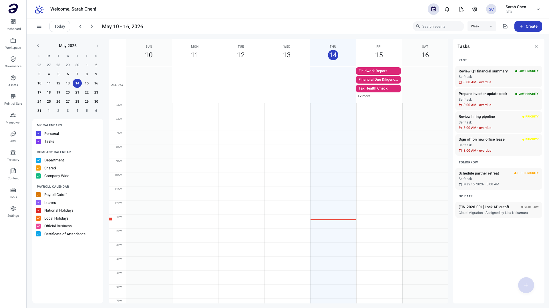 ANTE Calendar — Two-way Google Calendar sync, task placement, and payroll cutoffs.