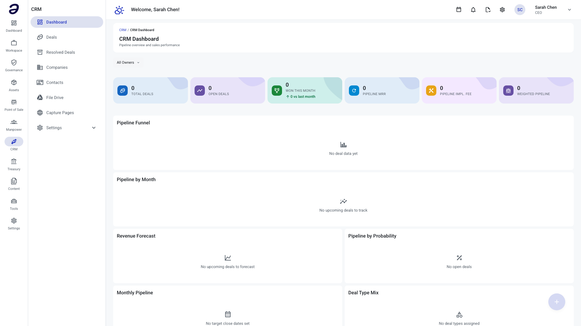 ANTE CRM — 7-stage pipeline with deal types, sources, and closed-deal analytics.