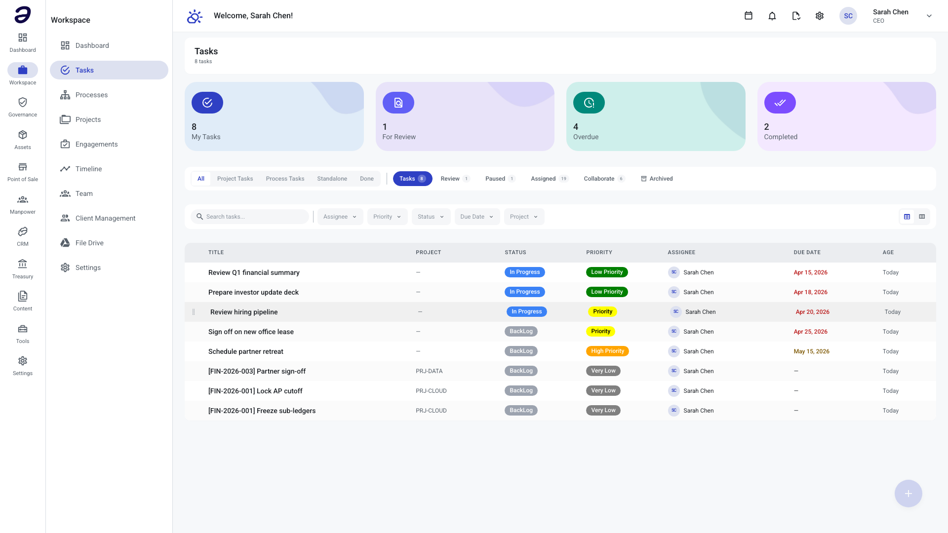 ANTE Tasks — Board, list, and Gantt views — across every project and engagement.